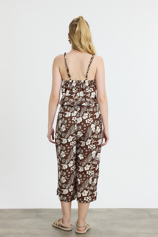 Flower Patterned 6718A Zero Sleeve Jumpsuit Coffee Machine - 5