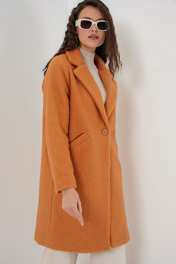 9082 Oversize Kaşe Kaban - Hardal - 4