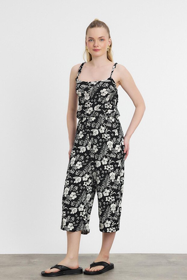 جمبسوت بأكمام صفر بنمط الزهور - أسود - 6