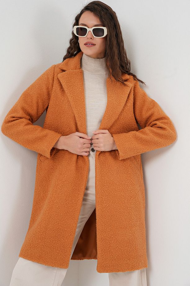 9082 Oversize Kaşe Kaban - Hardal - 1