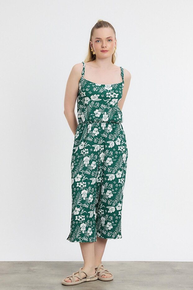 جمبسوت بأكمام صفر ونمط زهور - زمردي - 8