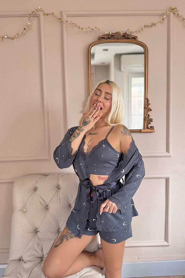 Antrasit Ay Yıldız Desenli Bambu Crop Sabahlıklı Şortlu Kadın Pijama Takımı - 4