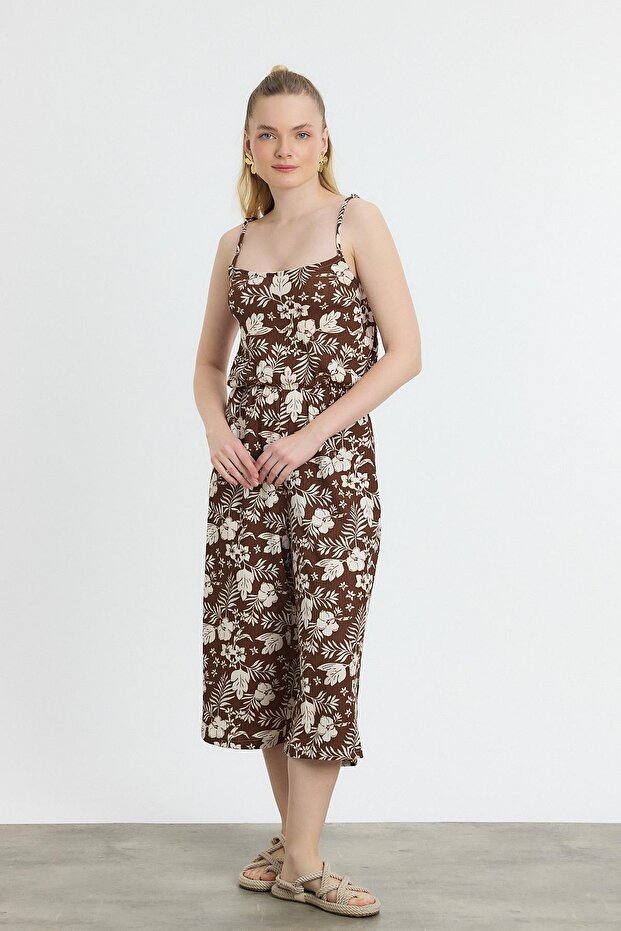 Flower Patterned 6718A Zero Sleeve Jumpsuit Coffee Machine - 6