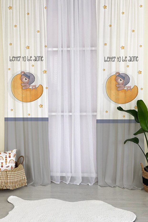 Bear Sleeping on the Moon Pattern Velvet Baby and Children's Room Background Curtain - White