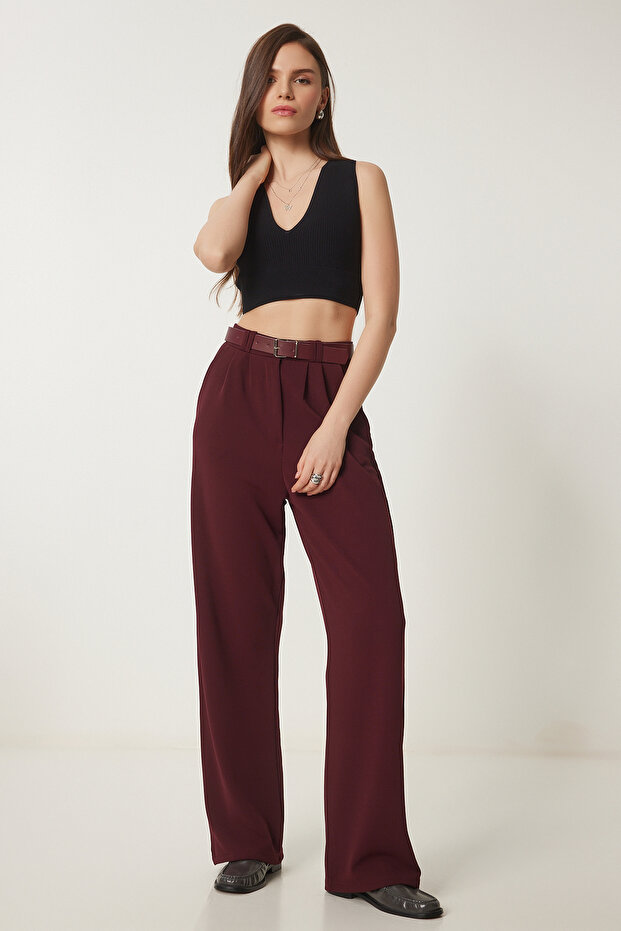 Belted Comfortable Palazzo Knitted Trousers Bordo Lrv0093