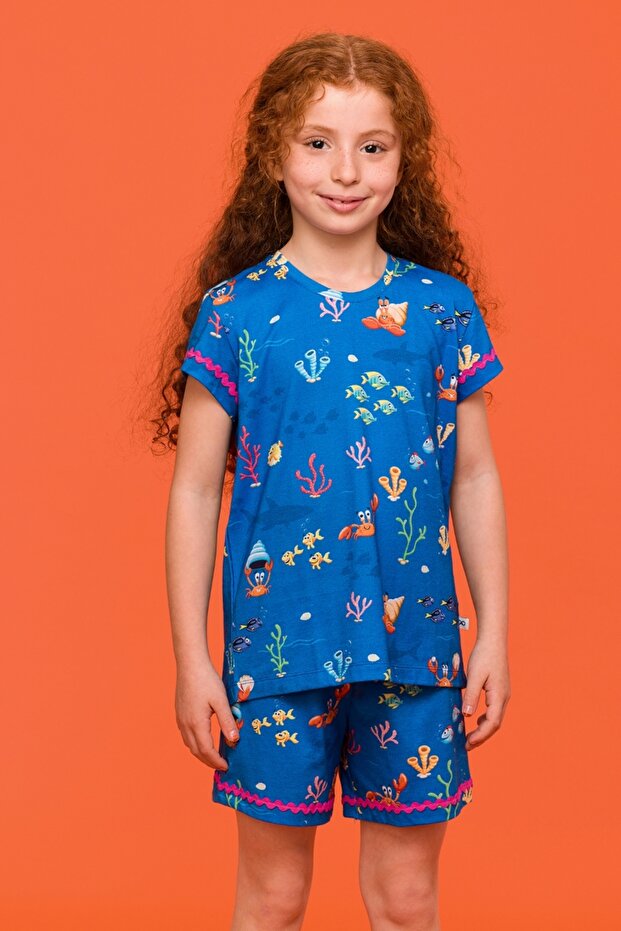 2-8 Yaş Kız Çocuk Pijama-Wpf - 916-Yengeç Baskılı Mavi - 5