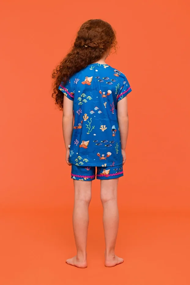2-8 Yaş Kız Çocuk Pijama-Wpf - 916-Yengeç Baskılı Mavi - 3