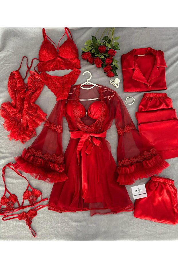 Luxury Boxed Pera 10-Piece Satin Nightgown Tulle Robe Pajama Lingerie Dowry Set