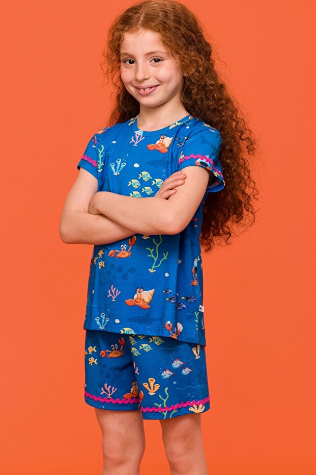 2-8 Yaş Kız Çocuk Pijama-Wpf - 916-Yengeç Baskılı Mavi - 8