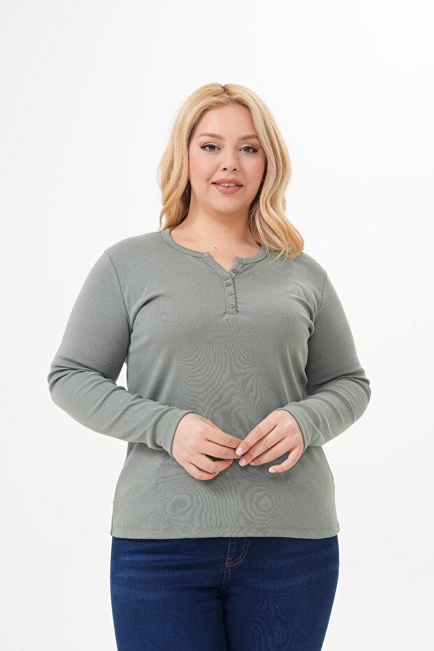 Plus Size Button Detailed Cotton Lycra Basic Blouse - 5