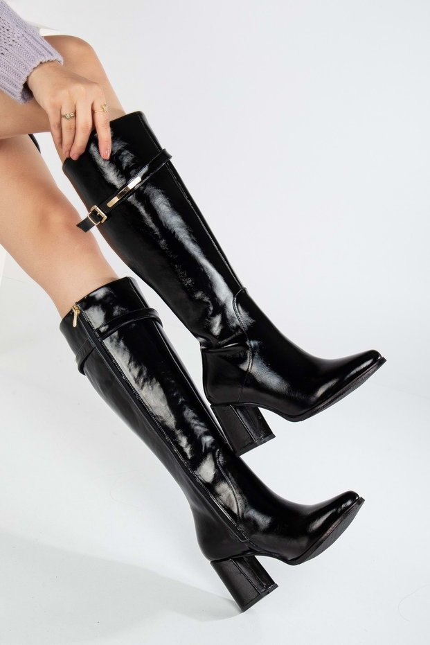 Women's Genuine Leather Stylish Heeled Boots with Gold Buckle Detail - Black Patent Leather