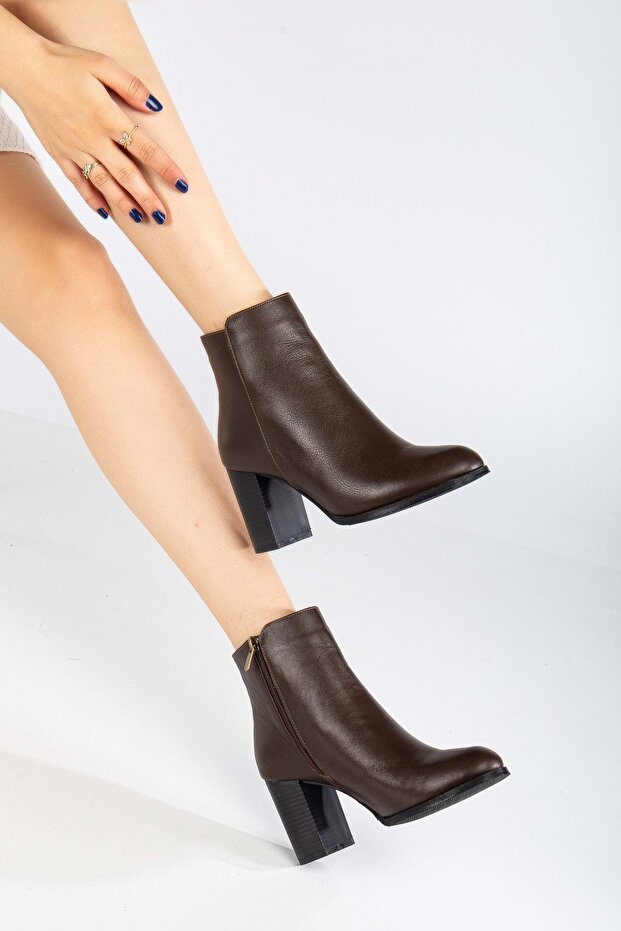 Women's Genuine Leather Stylish Heeled Boots - Brown