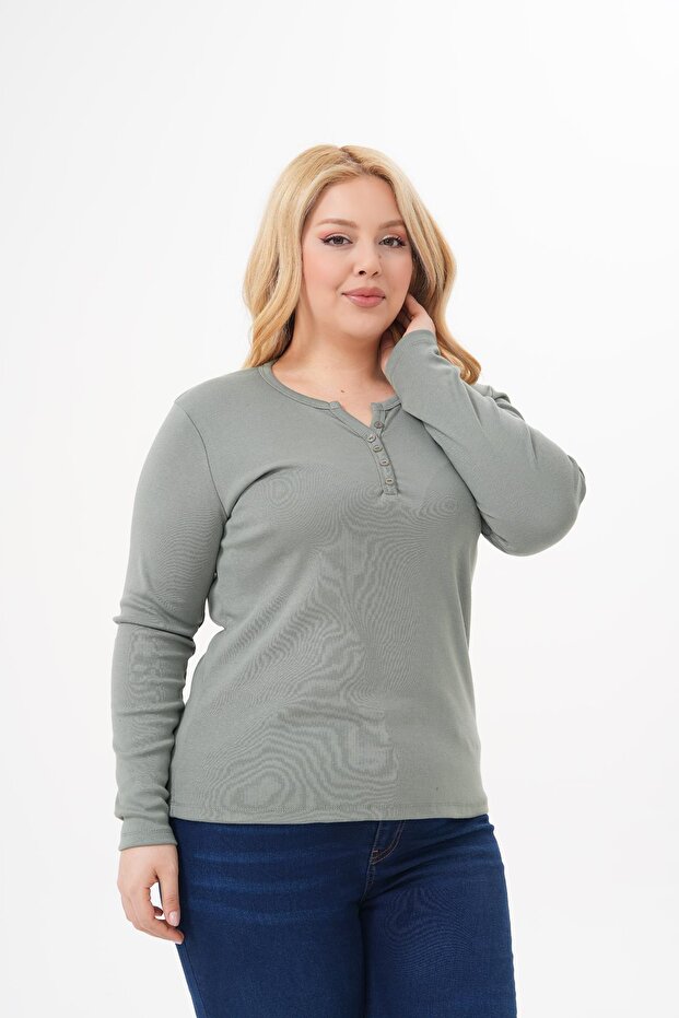 Plus Size Button Detailed Cotton Lycra Basic Blouse - 6