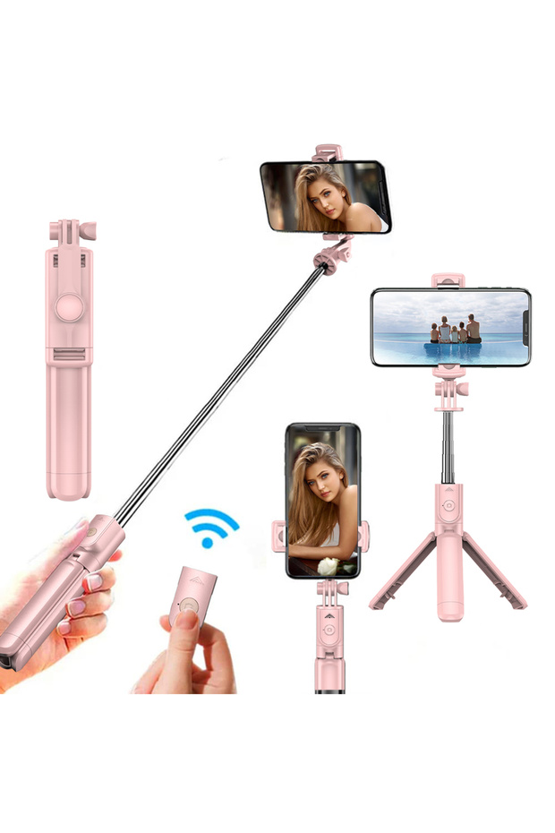 pink(NO Light) Wireless Selfie Stick Tripod Stand with Light Bluetooth Remote Extendable for iPhone - 1