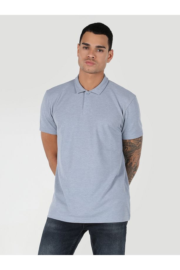 Regular Fit Polo Yaka Düz Erkek Mavi Kısa Kol Tişört - 3
