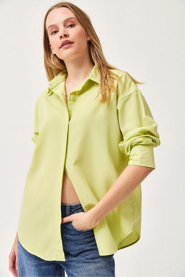 Oversize Basic Gömlek Lime - 3