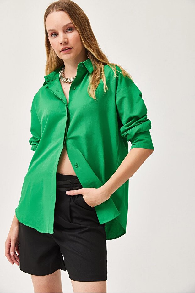 Oversize Basic Gömlek Yeşil - 2