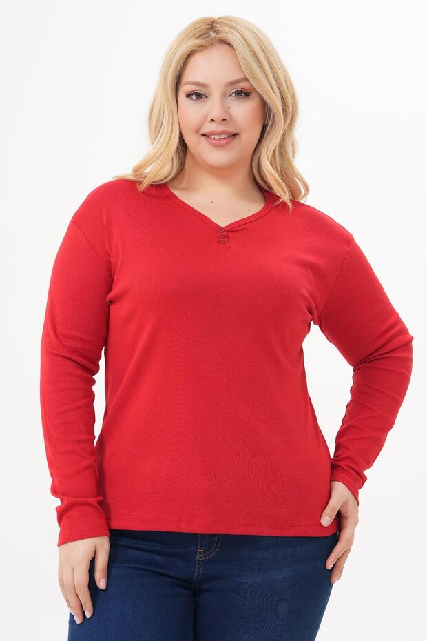 Plus Size Three Button Detailed Cotton Lycra Basic Blouse - 3