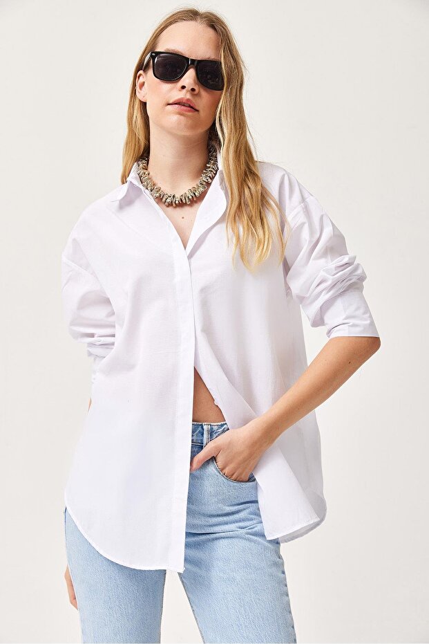 Oversize Basic Gömlek Beyaz - 5