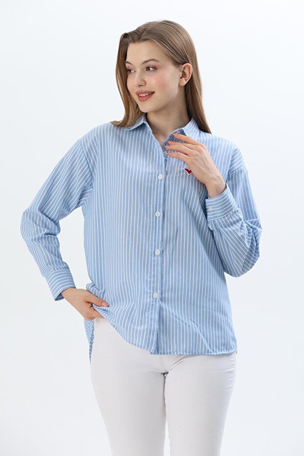 Heart Embroidered Striped Basic Shirt Blue