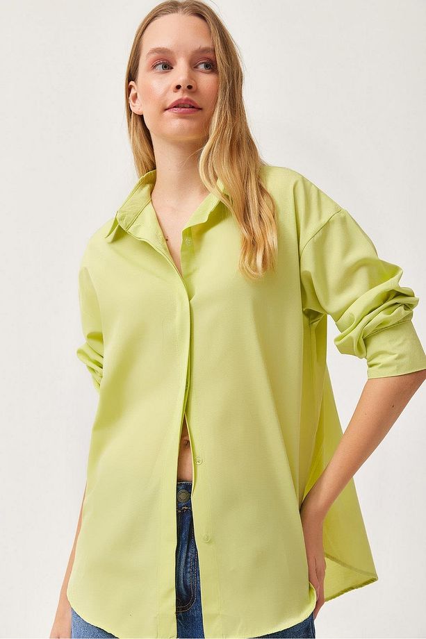 Oversize Basic Gömlek Lime - 5