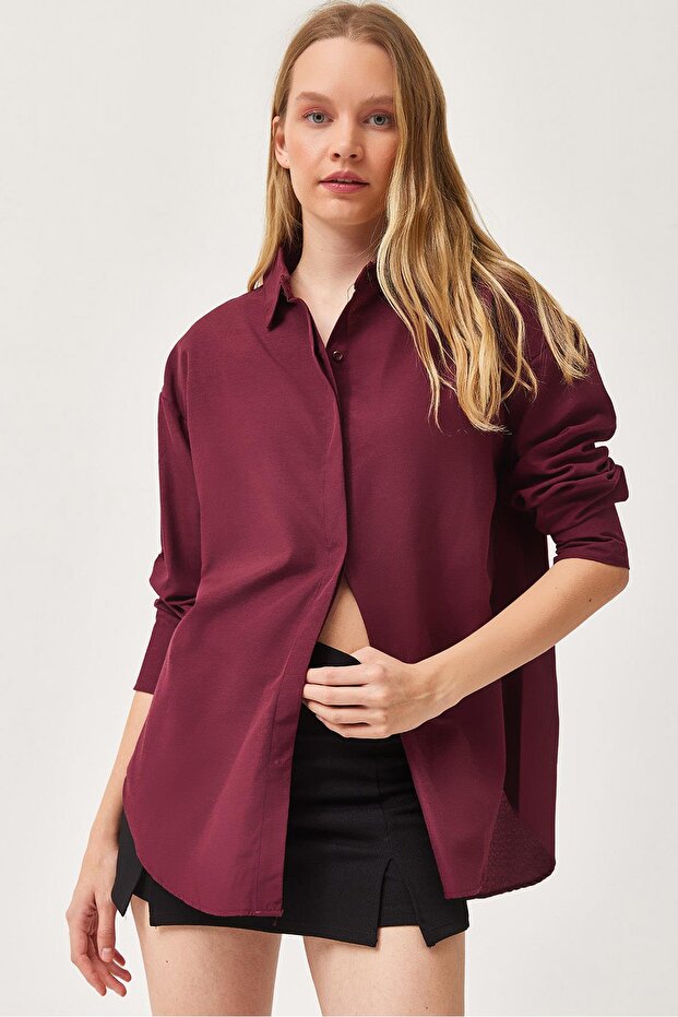 Oversize Basic Gömlek Bordo - 5