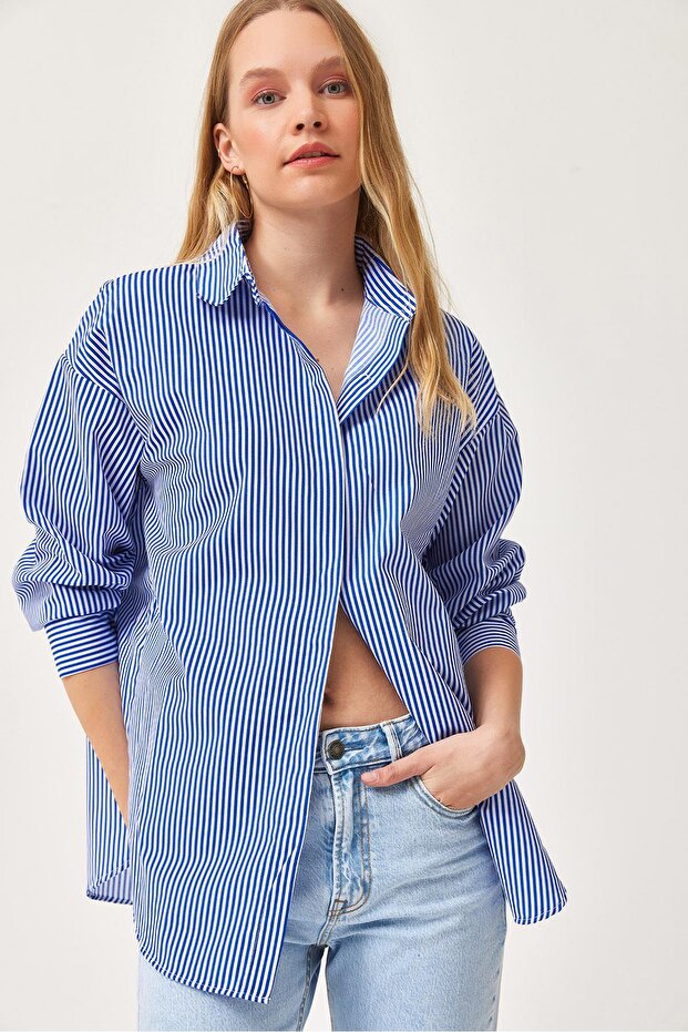 Çizgili Oversize Basic Gömlek Mavi - 5