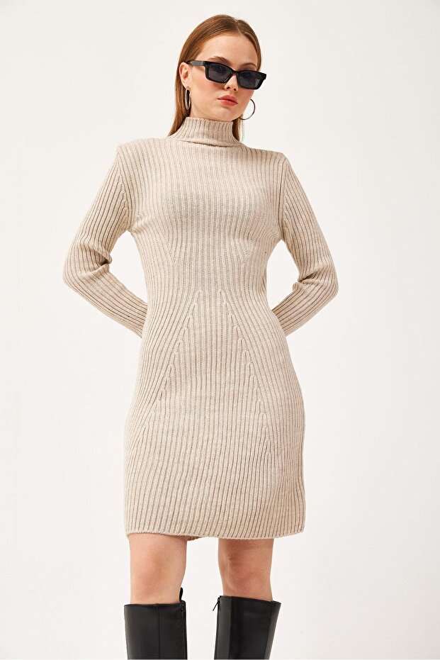 Turtleneck Knitwear Mini Dress Beige