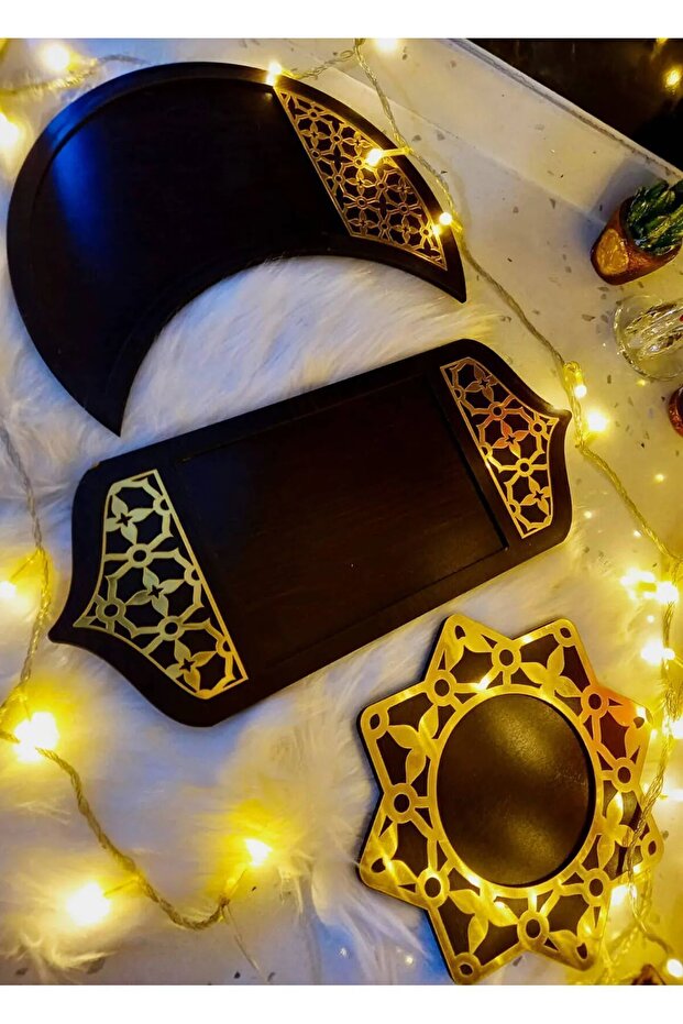 3 أطباق تقديم - لون أسود - زينة رمضان للترحيب