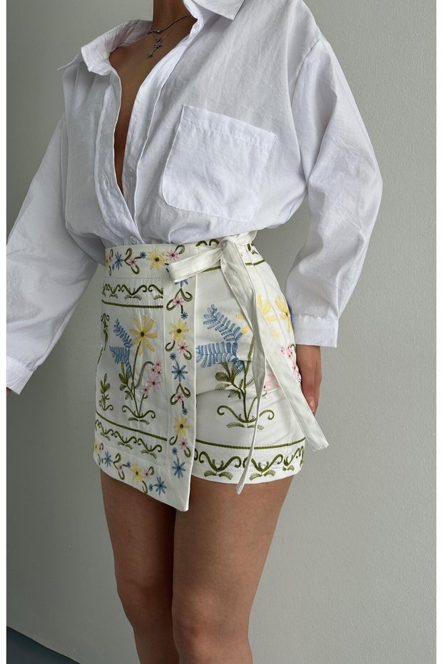 Wildflower Embroidered Front Mini Skirt-Look Summer Linen Bohemian Mini Shorts Skirt