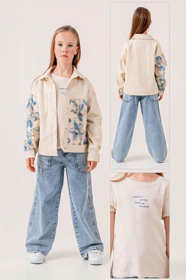 3D Floral Patterned 3-Piece Cotton Girls' Set - Blue