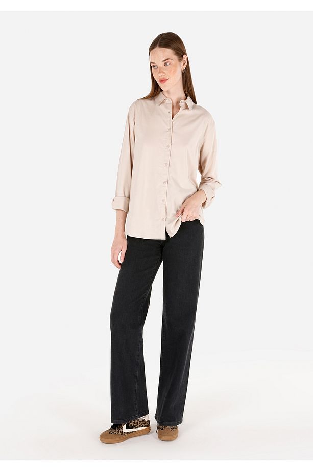 Regular Fit Shirt Neck Düz Kadın Bej Uzun Kol Gömlek Cl1070173 - 3