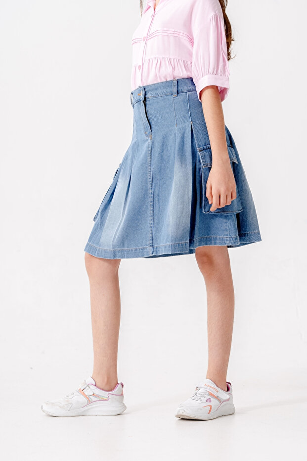 Girl's Pleated Bell-Bottom Denim Skirt with Pockets 2604