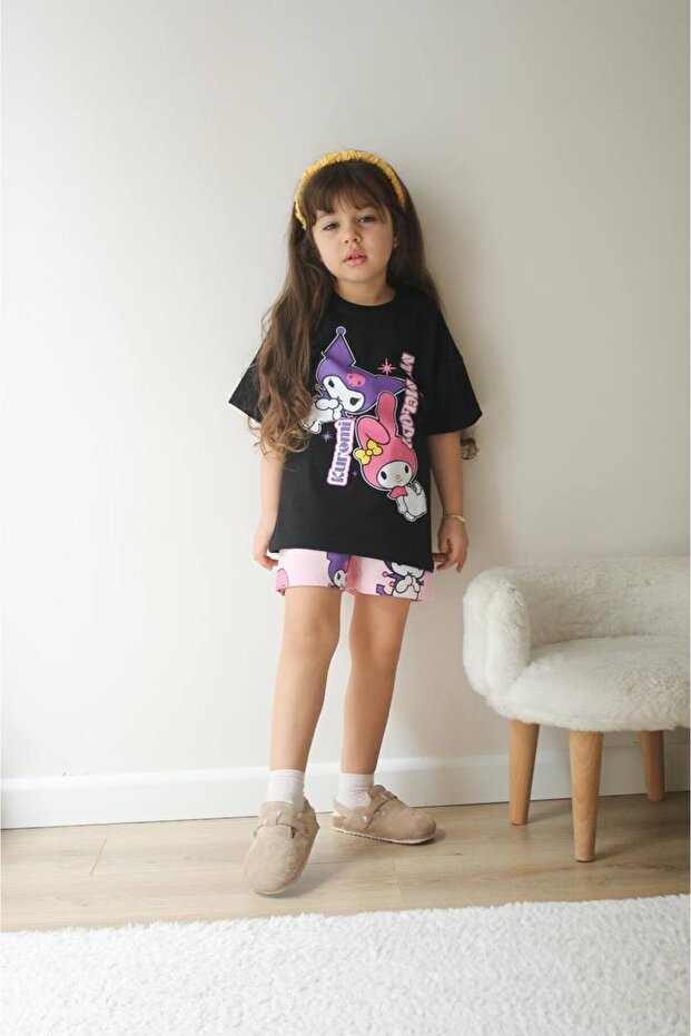 Girl's Kuromi Modeled Printed Shorts Cotton Suit