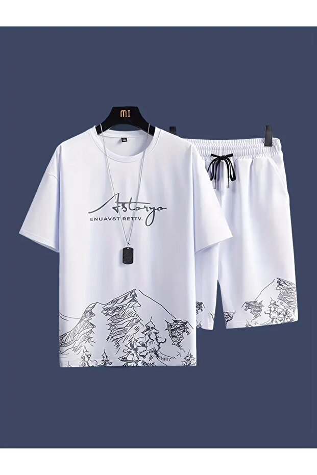 Unisex Mountain Printed Oversize Premium 100% Cotton T-Shirt Shorts Set