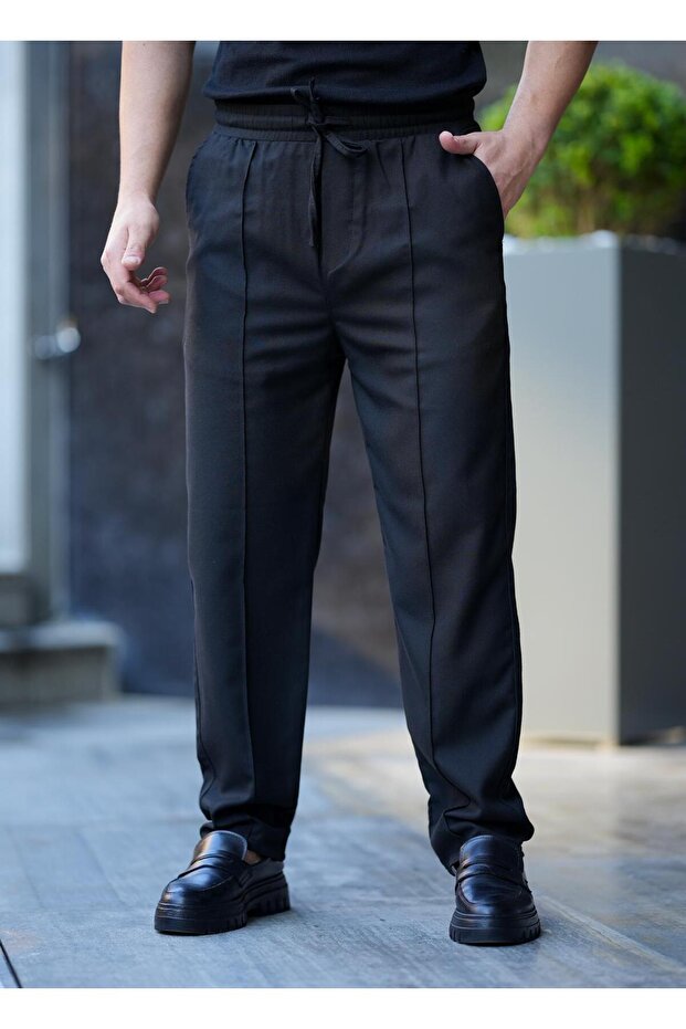 Erkek Regular Fit Pileli Düz Paça Yumuşak Kumaş Pantolon Siyah - 1