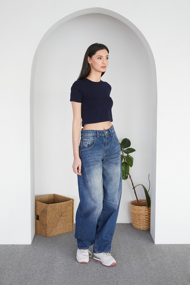 Basic Bisiklet Yaka Crop Tişört - 2