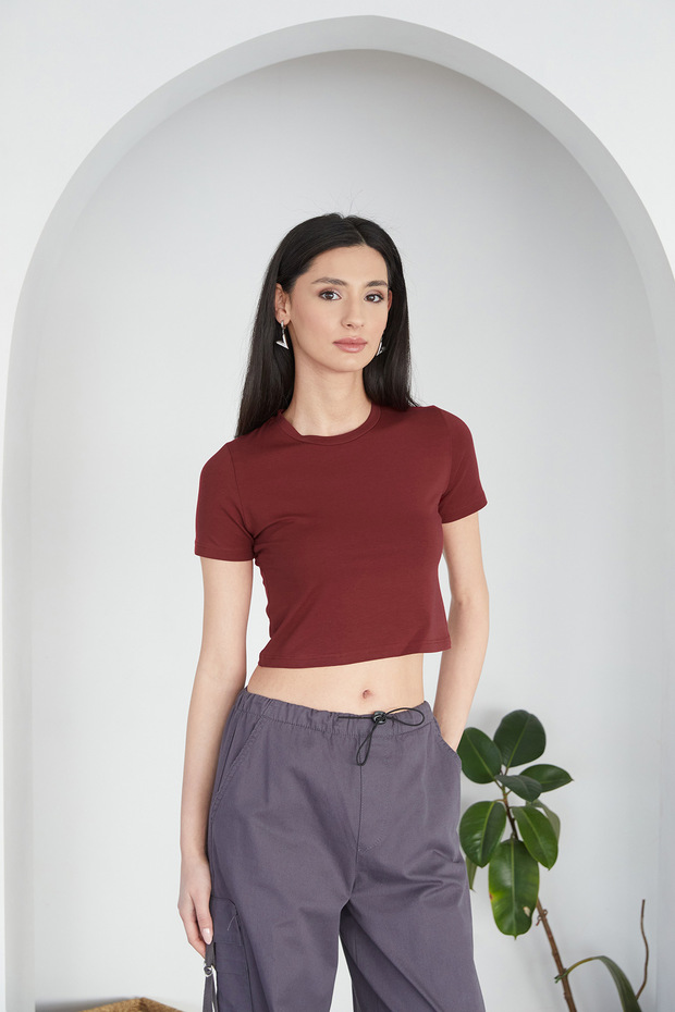 Basic Bisiklet Yaka Crop Tişört - 1