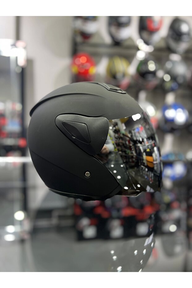 Sway 733 Mat Siyah Yarım Kask - AYNA VİZÖRLÜ