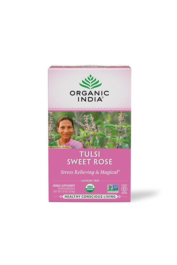 Tulsi Sweet Rose Herbal Tea - Holy Basil, Chamomile, Lemon Myrtle, Organic - 18 Bags