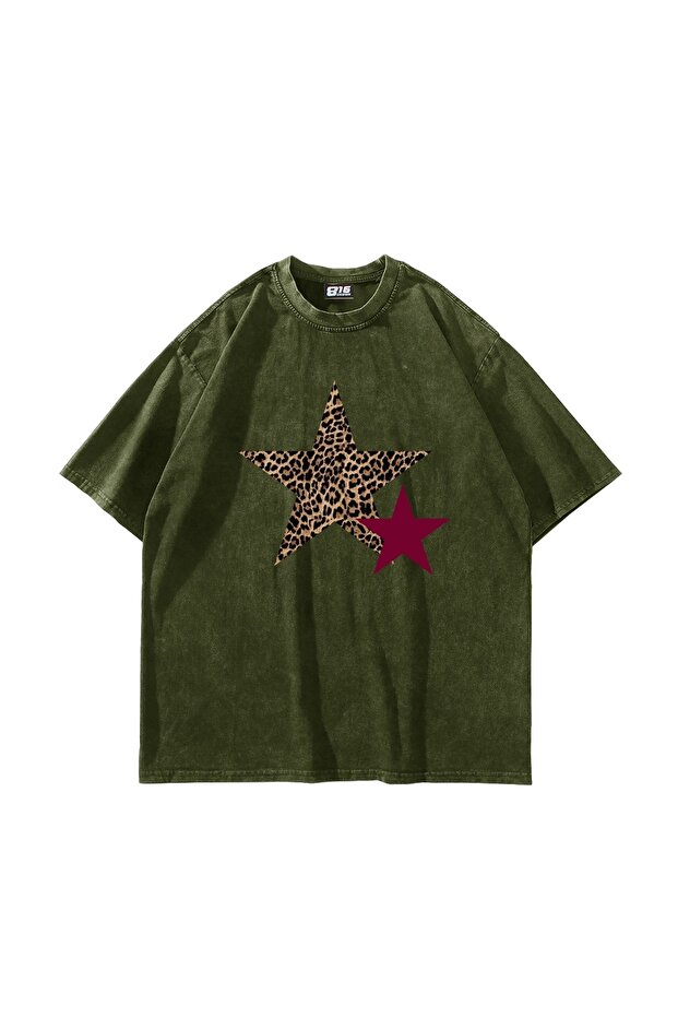 تي شيرت Y2k Leopard Star مطبوع كبير الحجم للجنسين باللون الأخضر