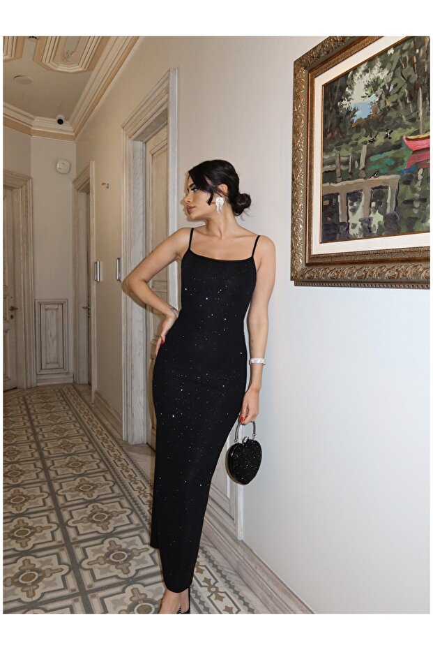 Siyah Simli Elbise - 7