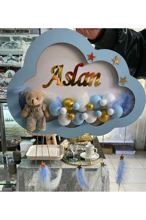 İsme Özel Ledli  Işıklı Bulut Kapı Süsü Duvar Dekoru Çocuk Kapı Süsü Ayıcıklı Kapı Süsü 40cm - 1