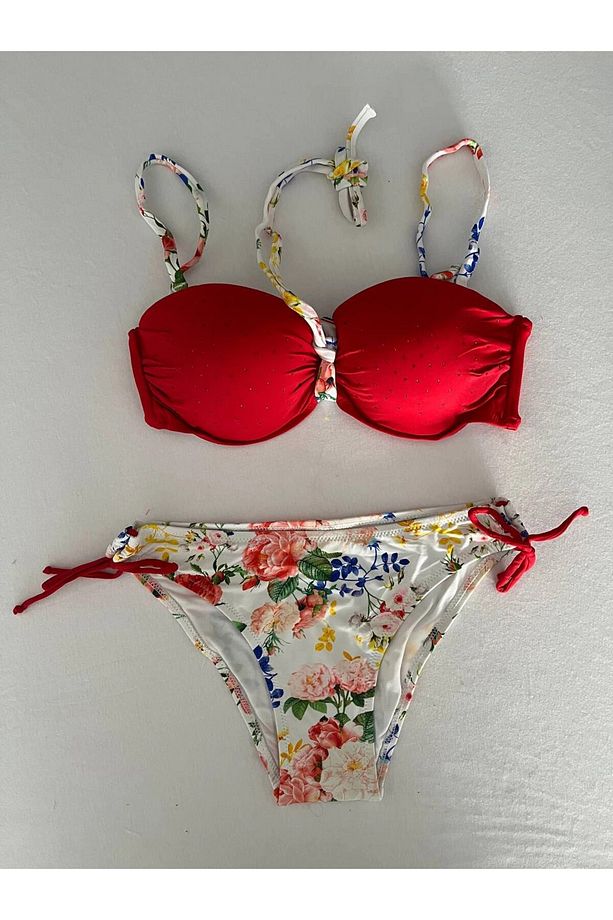 Kadın Kırmızı Taş İşlemeli Astarlı Bikini Takım HZL25S-LC208 - 5