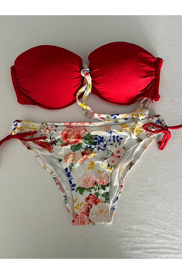 Kadın Kırmızı Taş İşlemeli Astarlı Bikini Takım HZL25S-LC208 - 6