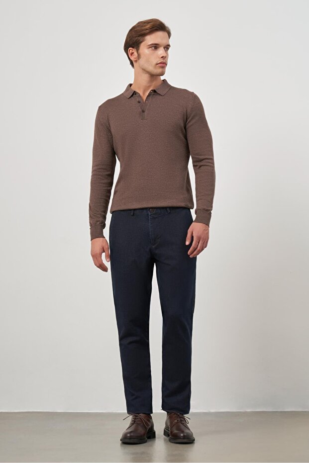 Navy Blue Cotton Casual Comfort Fit Denim Chino Trousers with Side Pockets 1003245155