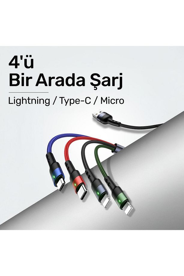 US-SJ317 4in1 2*Lightning 1*Type-C 1*Micro Uçlu 1.2m 2A Örgülü Renkli Şarj ve Data Kablosu - 2