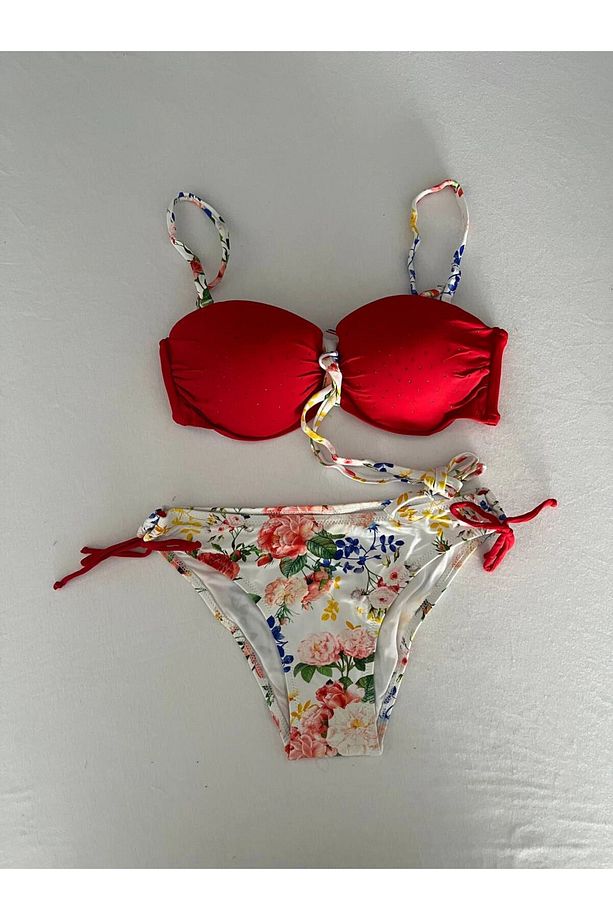 Kadın Kırmızı Taş İşlemeli Astarlı Bikini Takım HZL25S-LC208 - 2