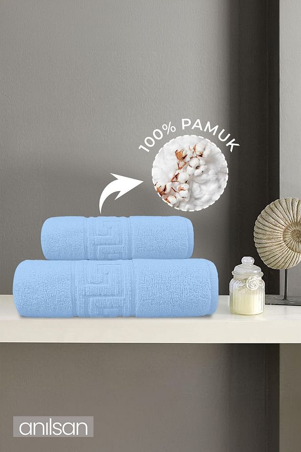 %100 Pamuk 2'li Mavi Greek Havlu Seti - 1 Adet El Havlusu ve 1 Adet Banyo Havlusu - 1