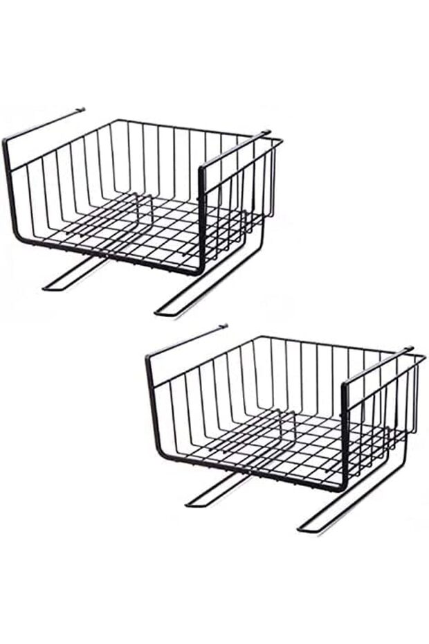 2 Pack Under Shelf Basket with Hooks – Stable Hanging Storage for Kitchen, Bathroom (Black)